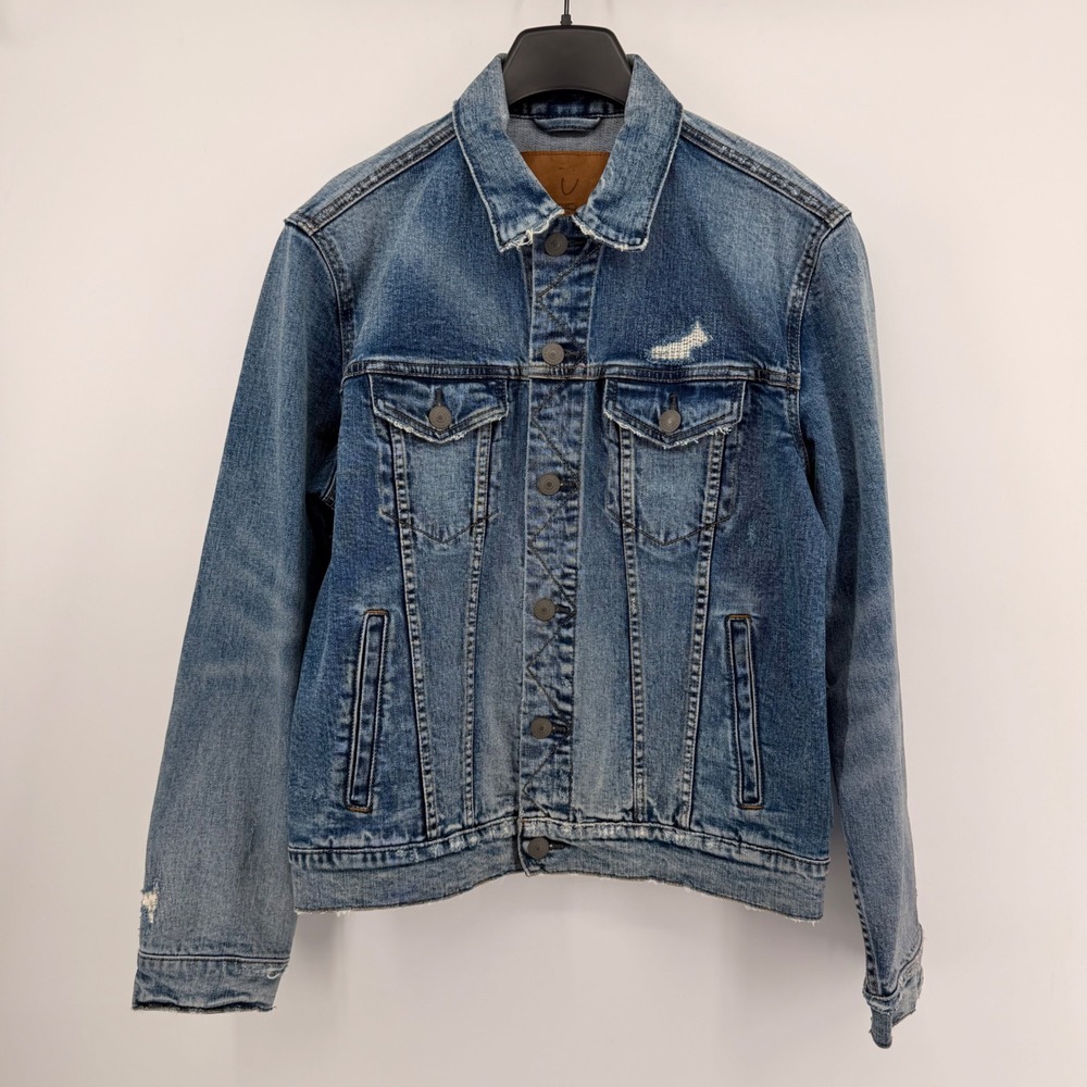 American Eagle Denim Jacket Mens Medium Blue Distressed Trucker Frayed Hem